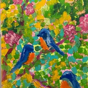 Acrylic painting of 3 blue birds on grade watercolor paper.